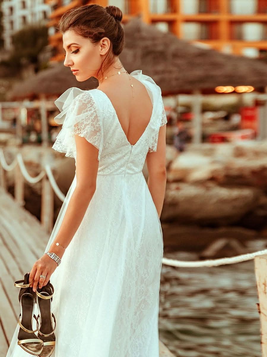 V-Ausschnitt Empire-Taille Blumenspitze Hochzeit Brautjungfernkleid#Farbe_Weiß