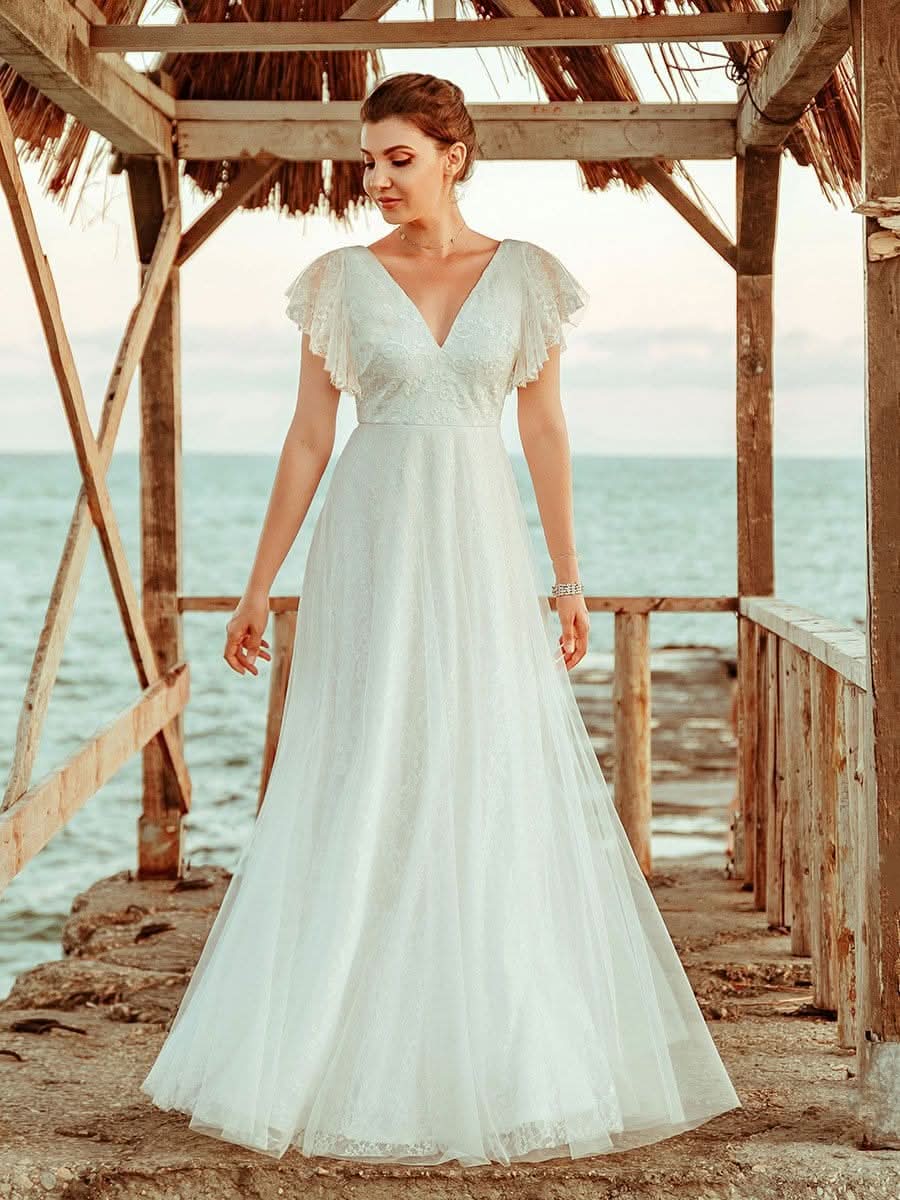 V-Ausschnitt Empire-Taille Blumenspitze Hochzeit Brautjungfernkleid#Farbe_Weiß