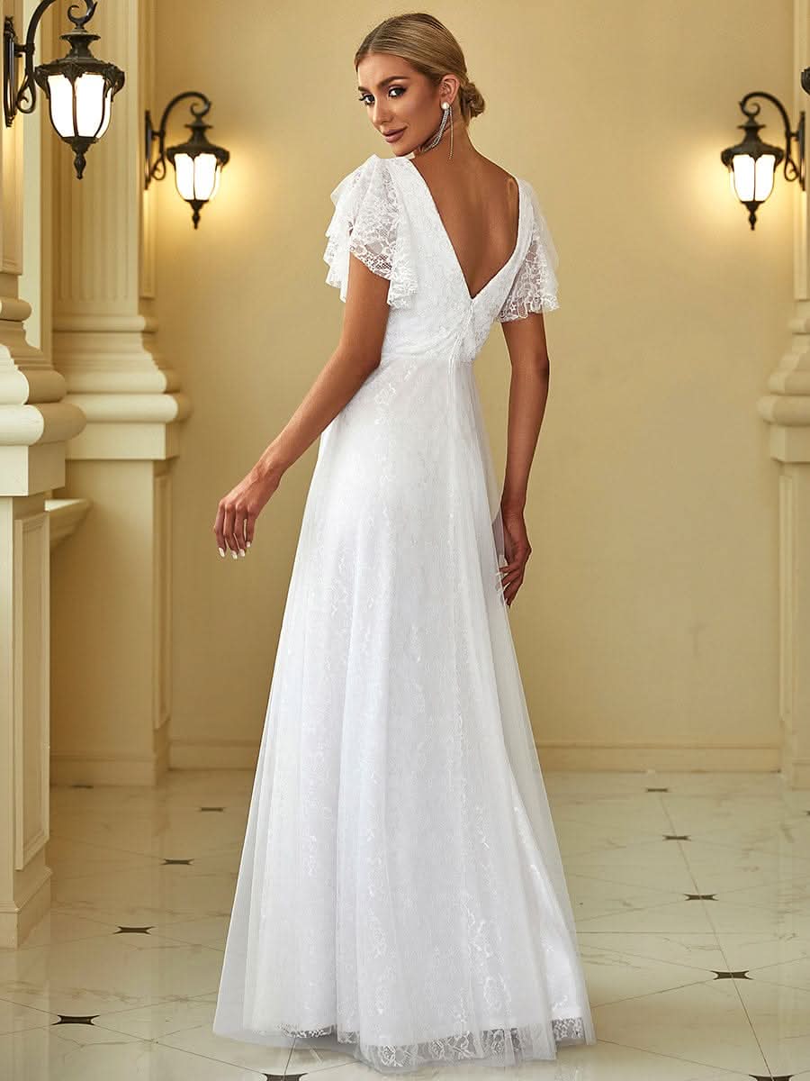 V-Ausschnitt Empire-Taille Blumenspitze Hochzeit Brautjungfernkleid#Farbe_Weiß