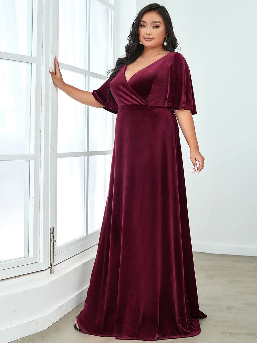 Größe Nach Maß Elegant Samt V-Ausschnitt fuer Damen Abend Maxikleid 00861