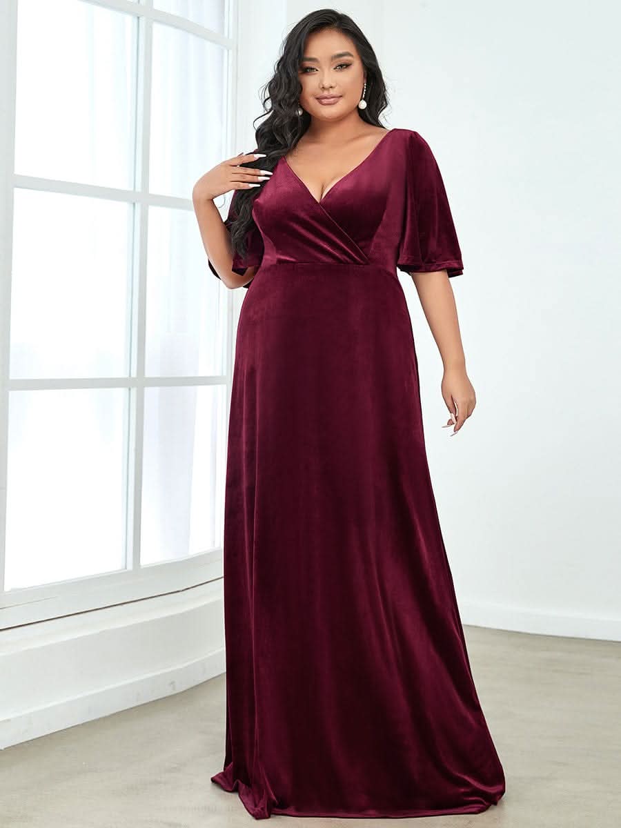 Größe Nach Maß Elegant Samt V-Ausschnitt fuer Damen Abend Maxikleid 00861