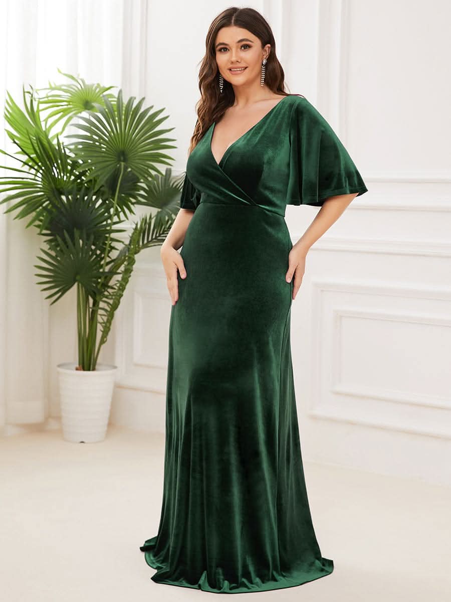 Größe Nach Maß Elegant Samt V-Ausschnitt fuer Damen Abend Maxikleid 00861