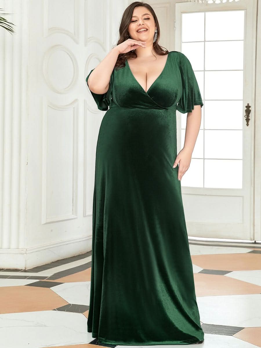 Größe Nach Maß Elegant Samt V-Ausschnitt fuer Damen Abend Maxikleid 00861