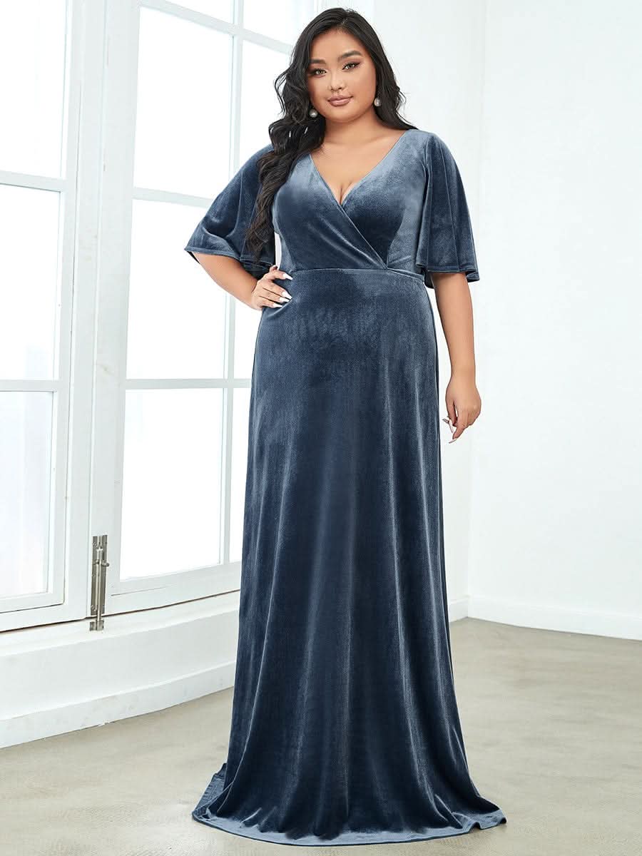 Größe Nach Maß Elegant Samt V-Ausschnitt fuer Damen Abend Maxikleid 00861