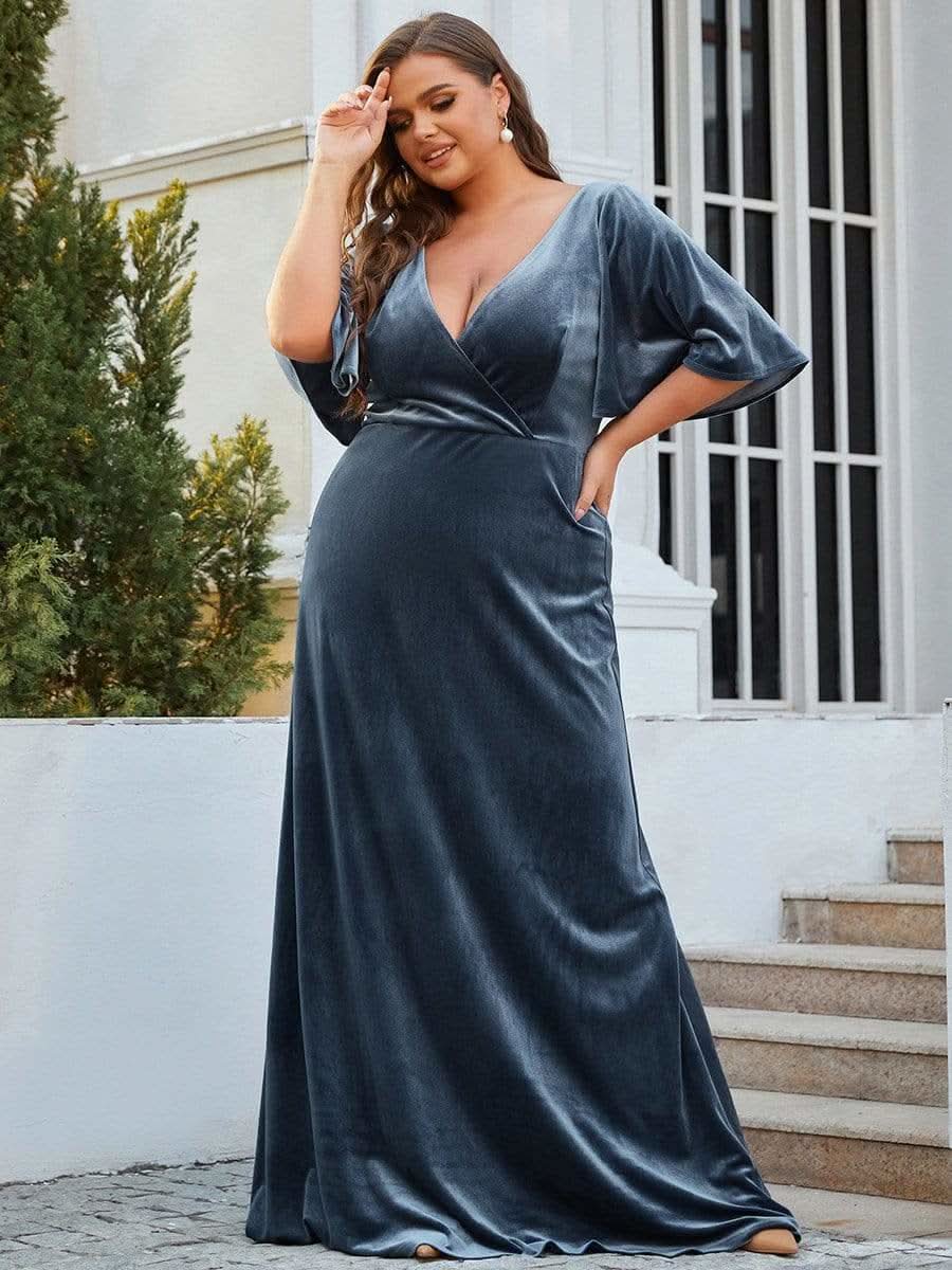 Größe Nach Maß Elegant Samt V-Ausschnitt fuer Damen Abend Maxikleid 00861