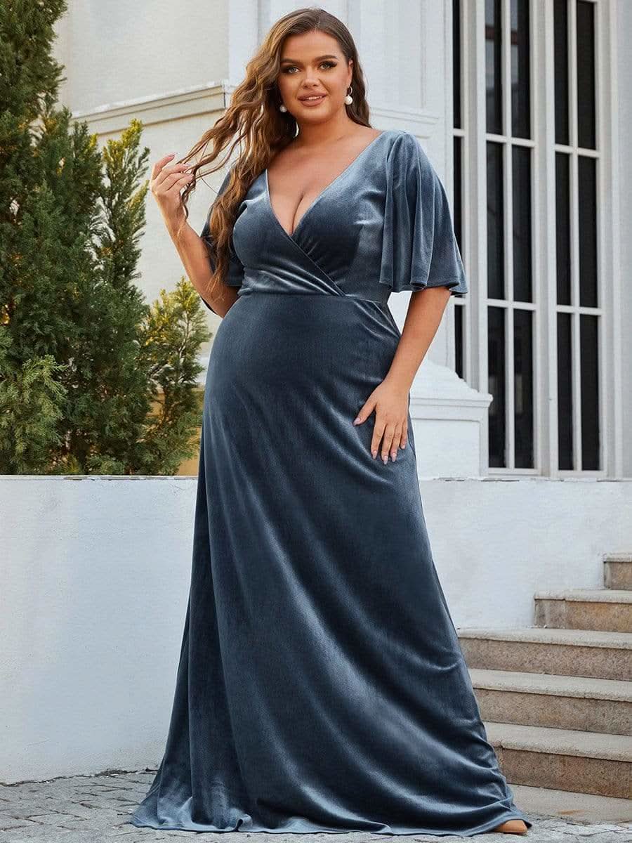 Größe Nach Maß Elegant Samt V-Ausschnitt fuer Damen Abend Maxikleid 00861