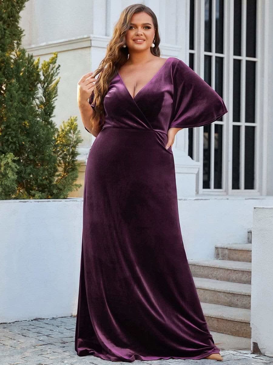 Größe Nach Maß Elegant Samt V-Ausschnitt fuer Damen Abend Maxikleid 00861