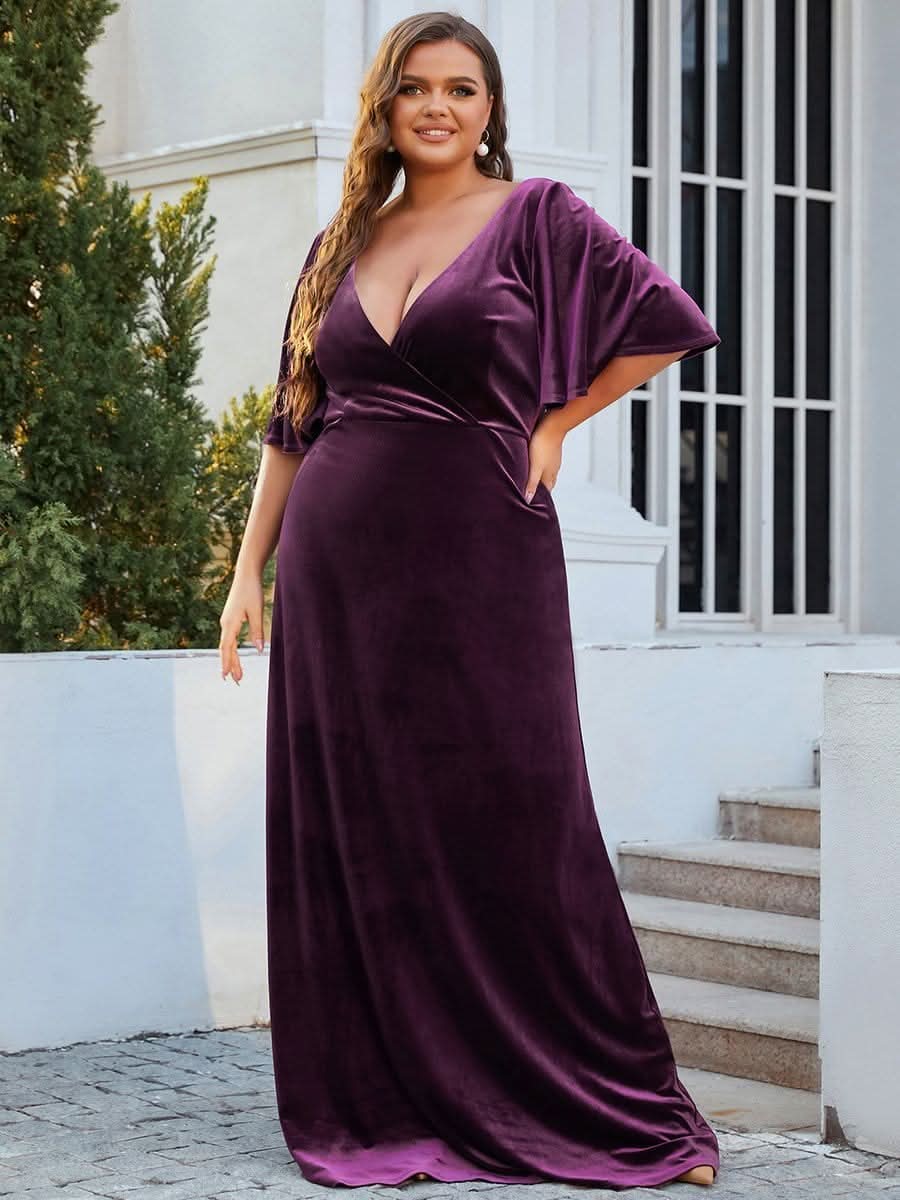 Größe Nach Maß Elegant Samt V-Ausschnitt fuer Damen Abend Maxikleid 00861