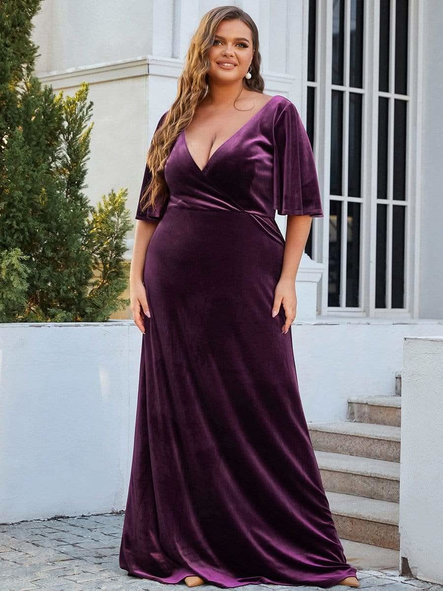 Größe Nach Maß Elegant Samt V-Ausschnitt fuer Damen Abend Maxikleid 00861