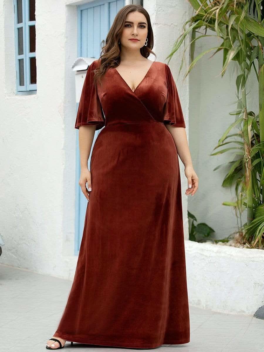 Größe Nach Maß Elegant Samt V-Ausschnitt fuer Damen Abend Maxikleid 00861