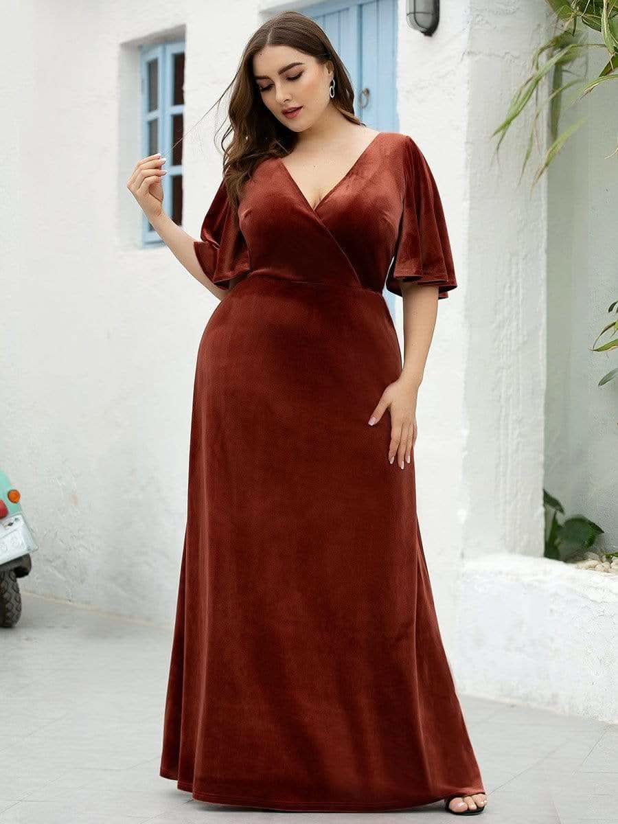 Größe Nach Maß Elegant Samt V-Ausschnitt fuer Damen Abend Maxikleid 00861