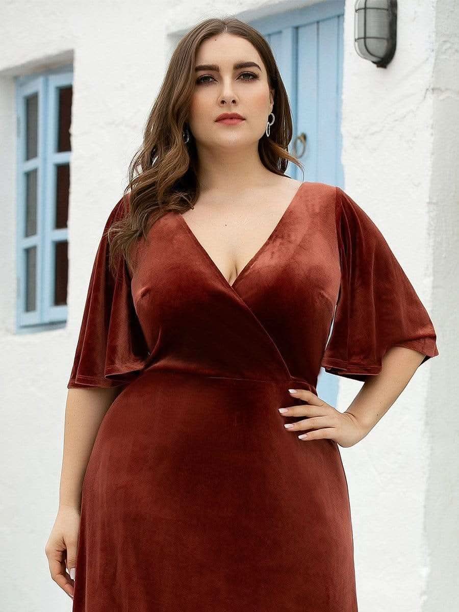 Größe Nach Maß Elegant Samt V-Ausschnitt fuer Damen Abend Maxikleid 00861