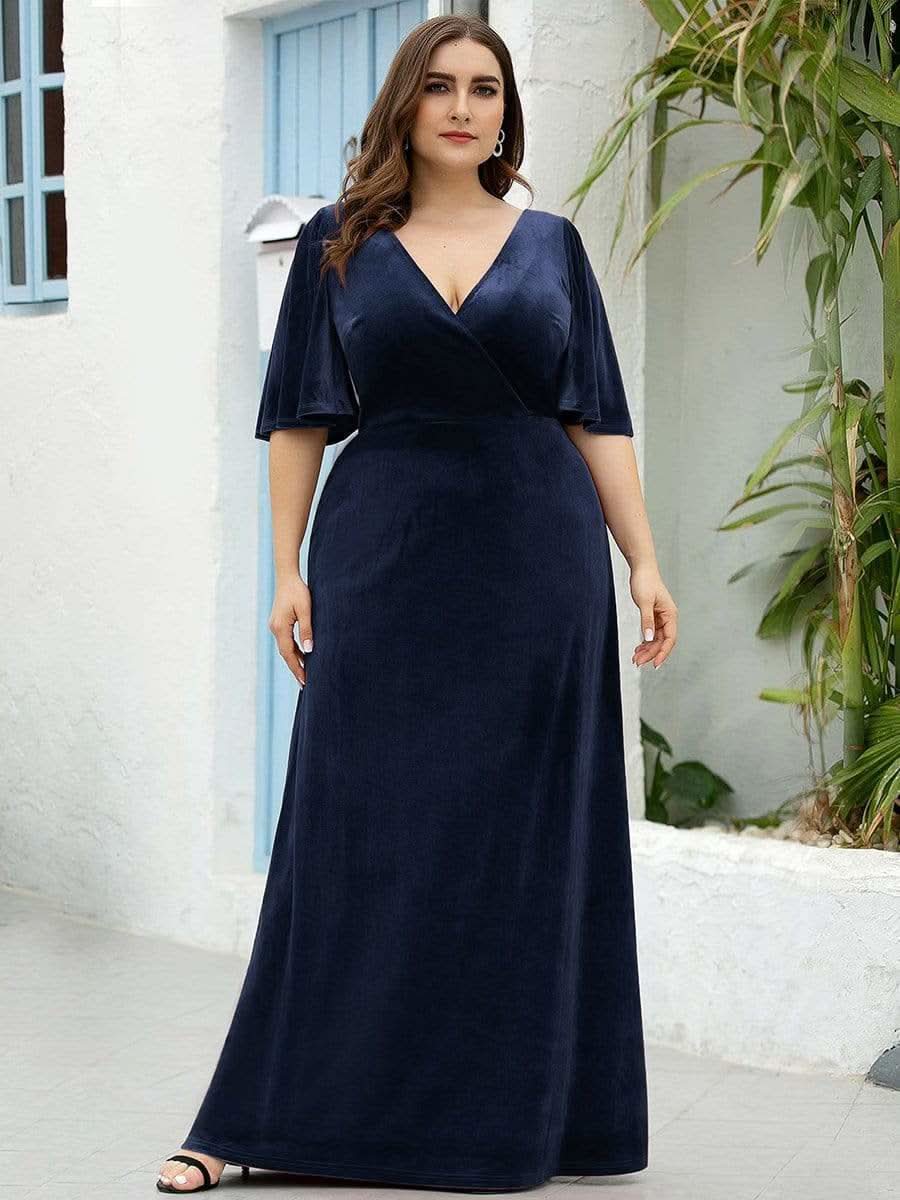 Größe Nach Maß Elegant Samt V-Ausschnitt fuer Damen Abend Maxikleid 00861