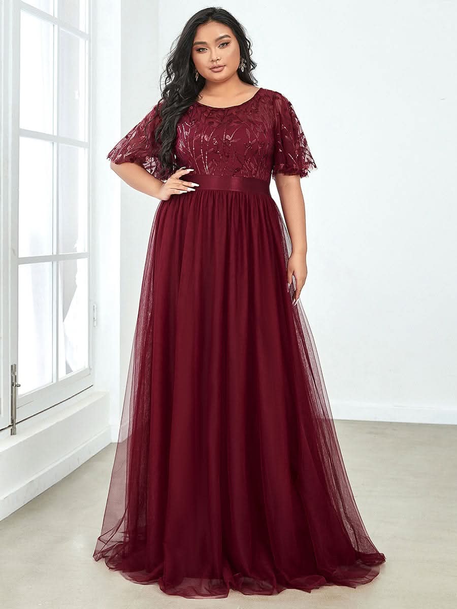 Plus Size Damen A-Line Stickerei Kurzarm Bodenlanges Brautjungfernkleid #Farbe_Burgundy