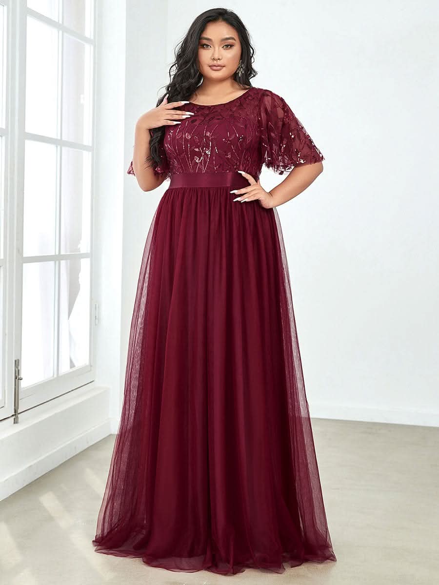Plus Size Damen A-Line Stickerei Kurzarm Bodenlanges Brautjungfernkleid #Farbe_Burgundy