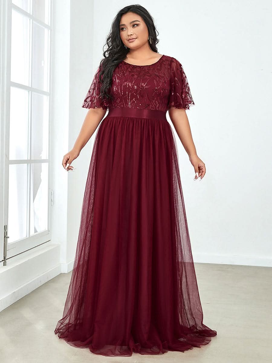 Plus Size Damen A-Line Stickerei Kurzarm Bodenlanges Brautjungfernkleid #Farbe_Burgundy