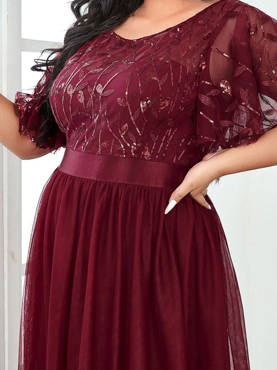 Plus Size Damen A-Line Stickerei Kurzarm Bodenlanges Brautjungfernkleid #Farbe_Burgundy