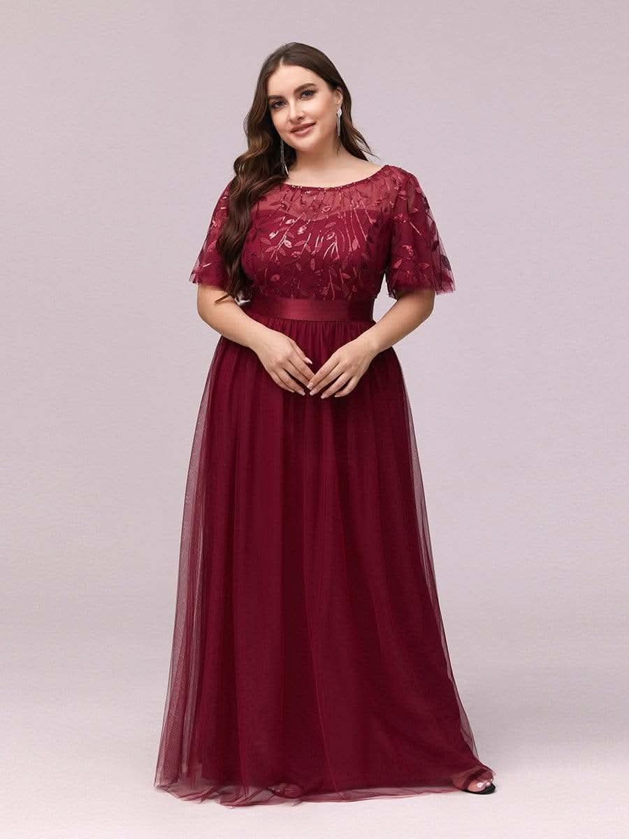 Plus Size Damen A-Line Stickerei Kurzarm Bodenlanges Brautjungfernkleid #Farbe_Burgundy