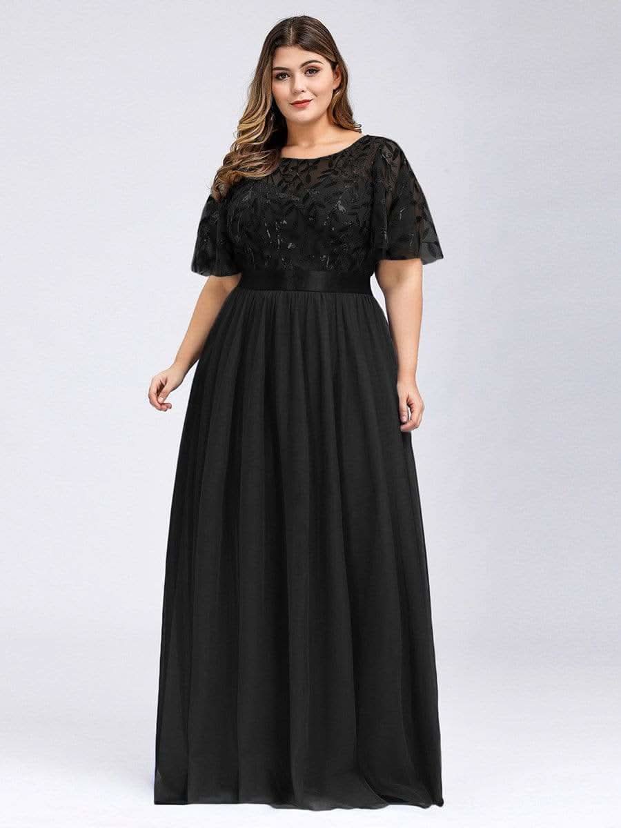 Plus Size Damen A-Line Stickerei Kurzarm Bodenlanges Brautjungfernkleid #Farbe_Schwarz