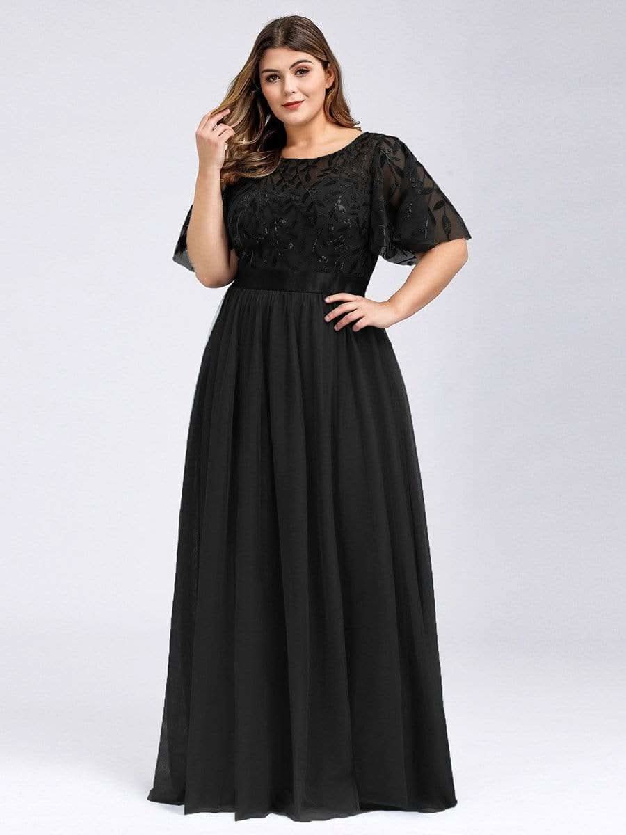 Plus Size Damen A-Line Stickerei Kurzarm Bodenlanges Brautjungfernkleid #Farbe_Schwarz