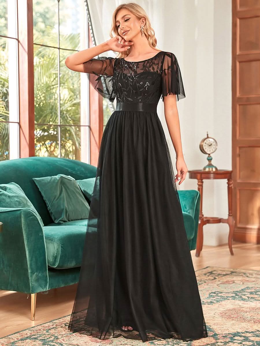 Damen A-Line Kurzarm Bodenlanges Abendkleid 00904 #farbe_Schwarz