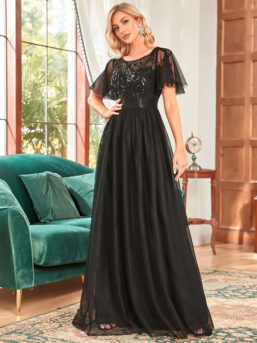Damen A-Line Kurzarm Bodenlanges Abendkleid 00904 #farbe_Schwarz