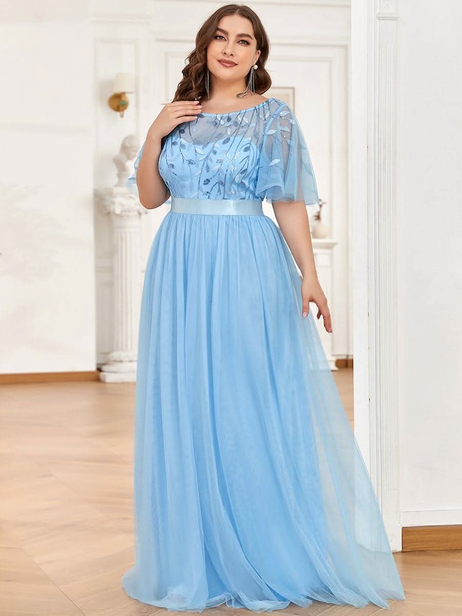 Plus Size Damen A-Line Stickerei Kurzarm Bodenlanges Brautjungfernkleid #Farbe_Blau