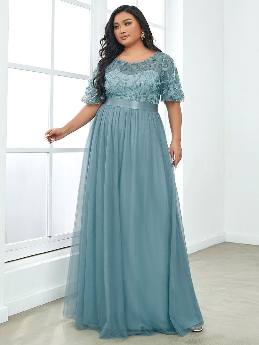 Plus Size Damen A-Line Stickerei Kurzarm Bodenlanges Brautjungfernkleid #Farbe_Dusty Blau