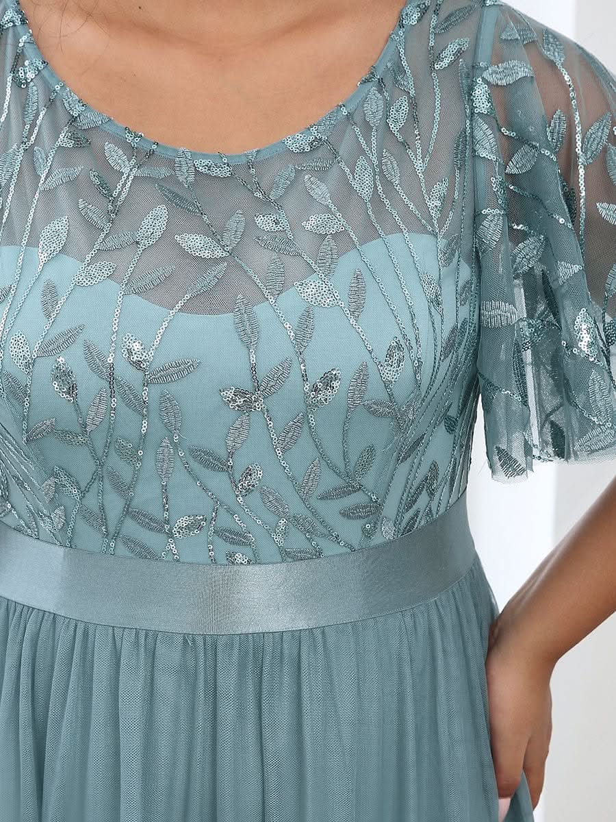 Plus Size Damen A-Line Stickerei Kurzarm Bodenlanges Brautjungfernkleid #Farbe_Dusty Blau