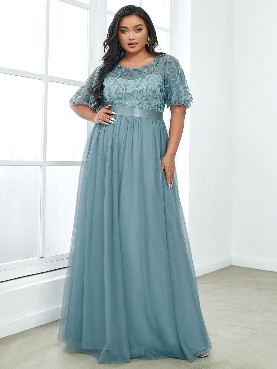 Plus Size Damen A-Line Stickerei Kurzarm Bodenlanges Brautjungfernkleid #Farbe_Dusty Blau