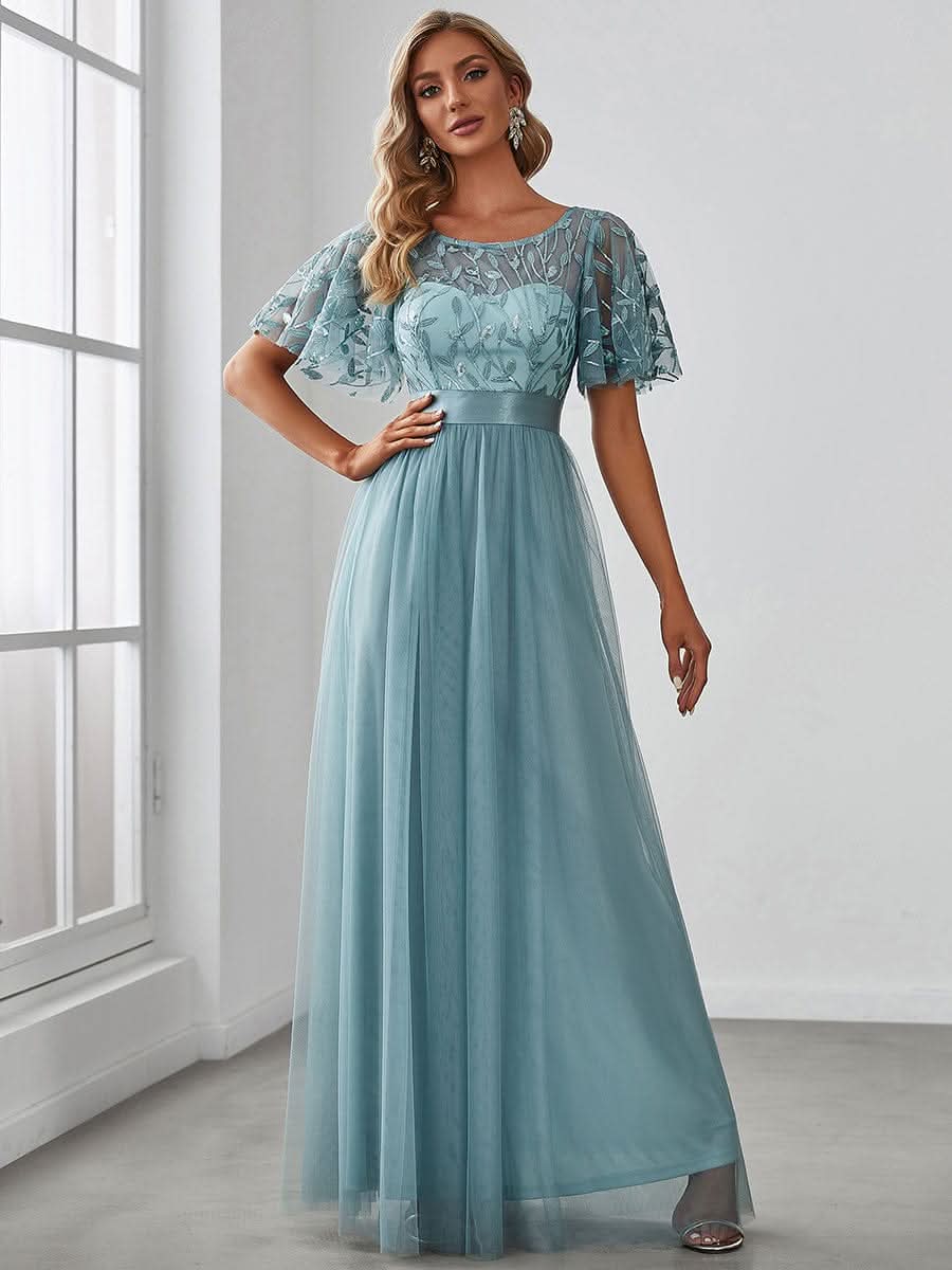 Damen A-Line Kurzarm Bodenlanges Abendkleid 00904 #farbe_Dusty Blau