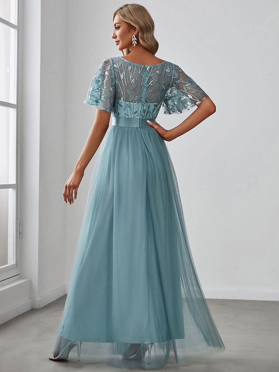 Damen A-Line Kurzarm Bodenlanges Abendkleid 00904 #farbe_Dusty Blau