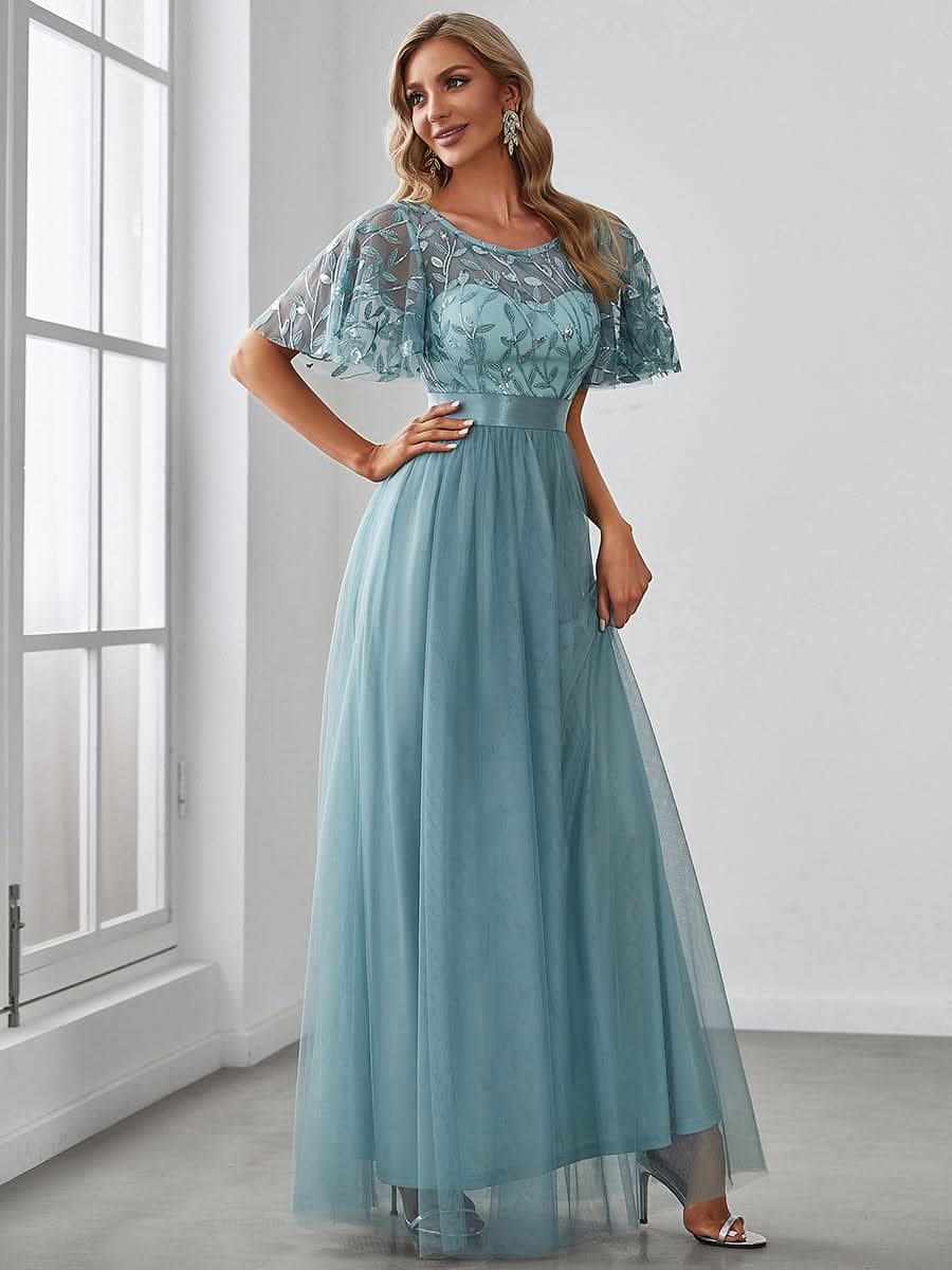 Damen A-Line Kurzarm Bodenlanges Abendkleid 00904 #farbe_Dusty Blau