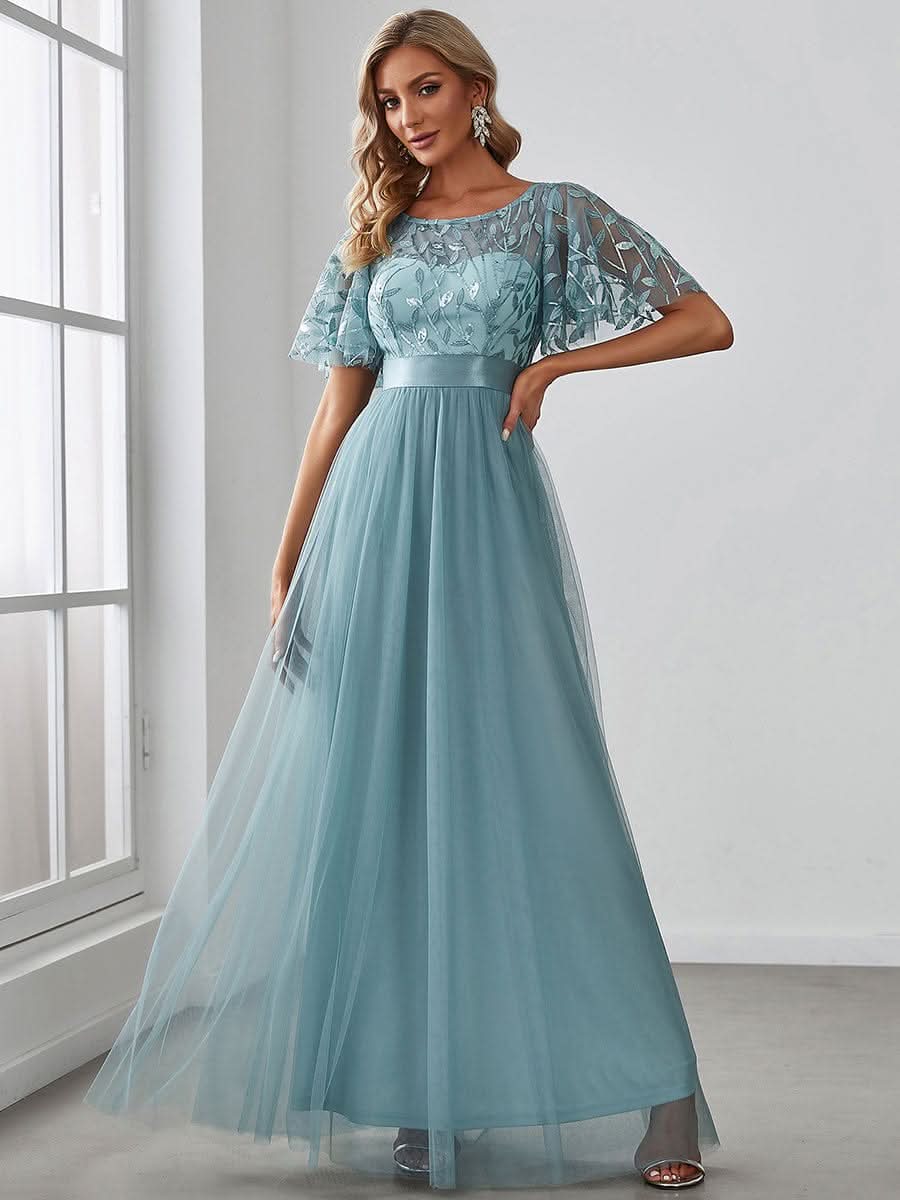 Damen A-Line Kurzarm Bodenlanges Abendkleid 00904 #farbe_Dusty Blau