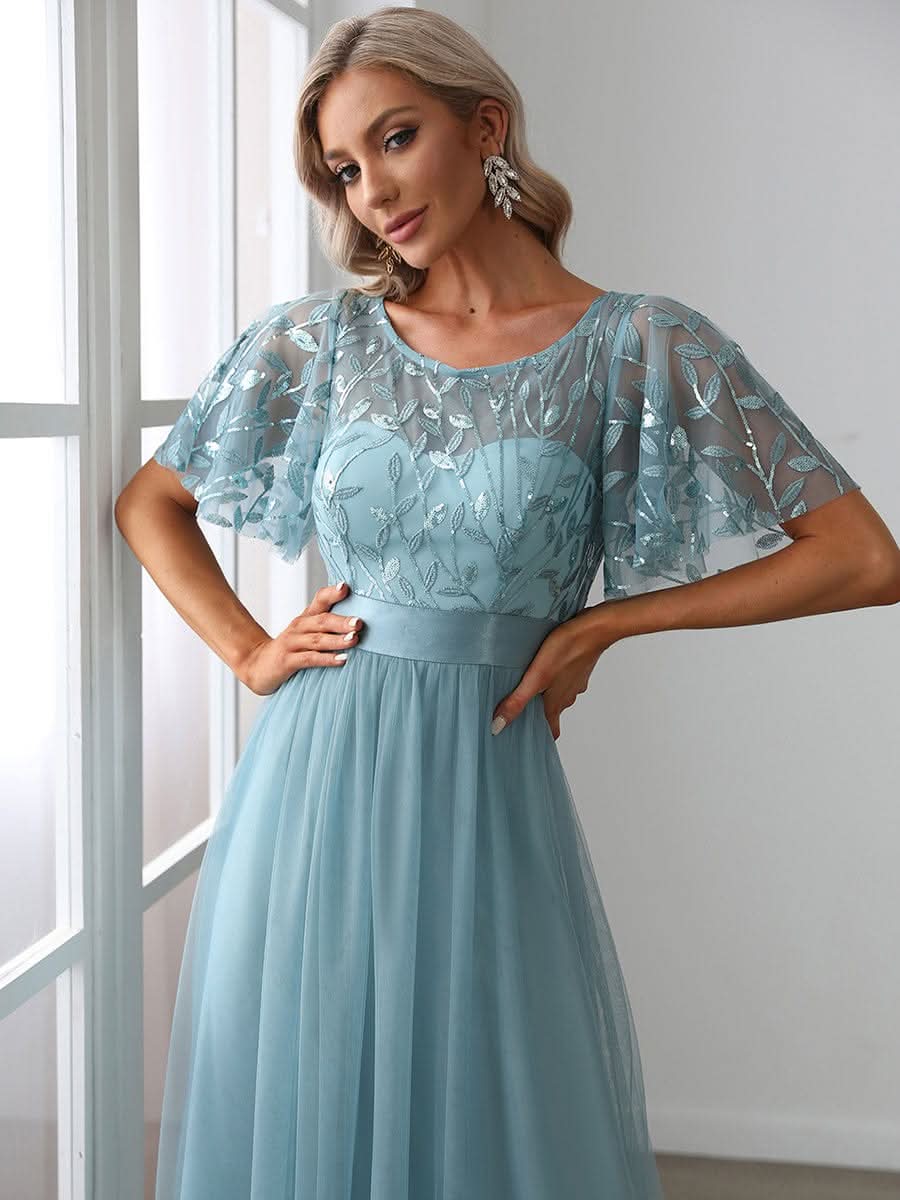 Damen A-Line Kurzarm Bodenlanges Abendkleid 00904 #farbe_Dusty Blau