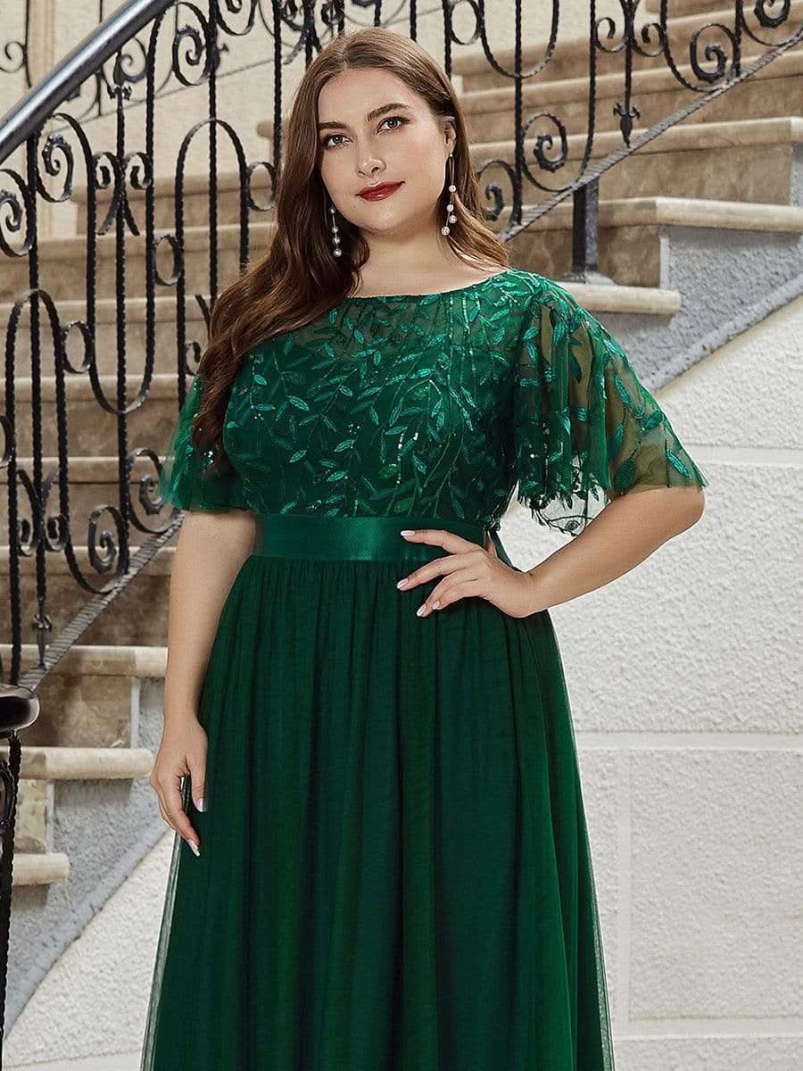 Plus Size Damen A-Line Stickerei Kurzarm Bodenlanges Brautjungfernkleid #Farbe_Dunkel Gruen