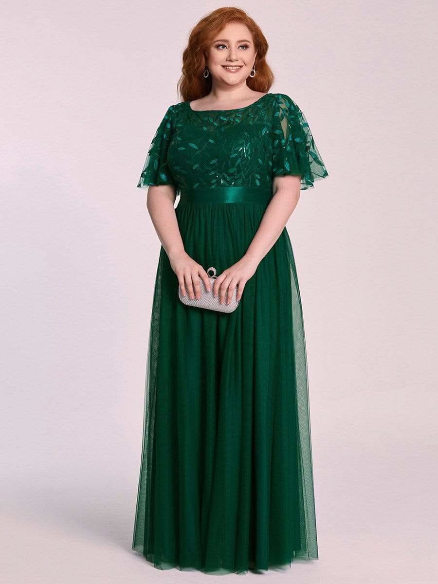 Plus Size Damen A-Line Stickerei Kurzarm Bodenlanges Brautjungfernkleid #Farbe_Dunkel Gruen