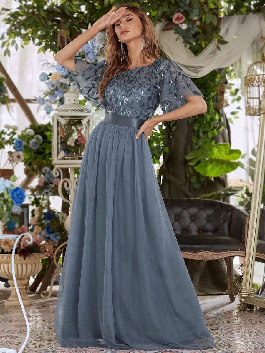 Damen A-Line Kurzarm Bodenlanges Abendkleid 00904 #farbe_Dusty Navy Damen A-Line Kurzarm Bodenlanges Abendkleid 00904 #farbe_Dusty Navy