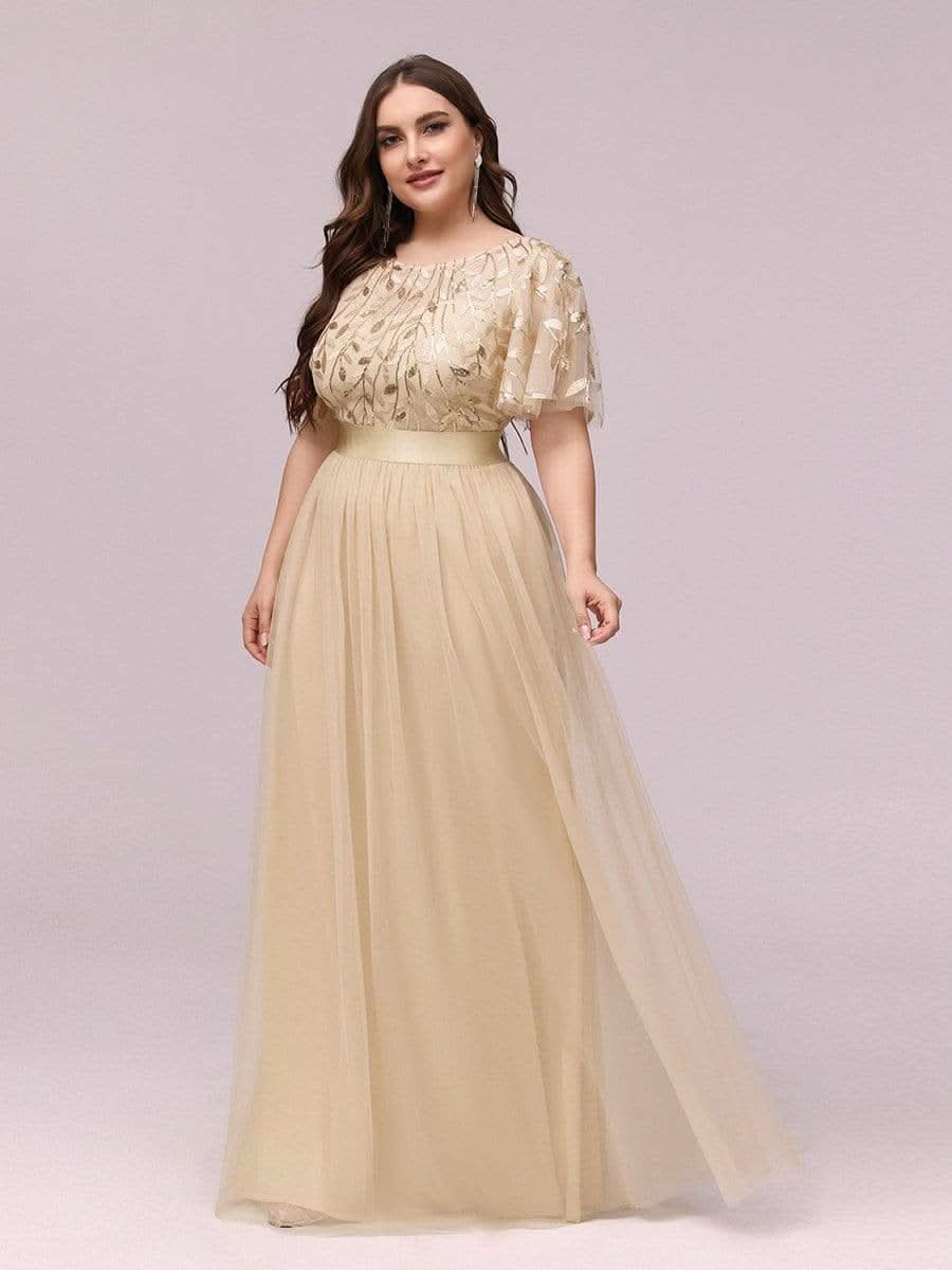 Plus Size Damen A-Line Stickerei Kurzarm Bodenlanges Brautjungfernkleid #Farbe_Gold