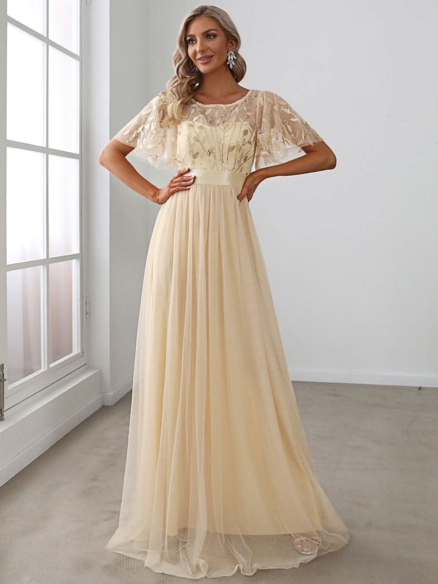 Damen A-Line Kurzarm Bodenlanges Abendkleid 00904 #farbe_Gold
