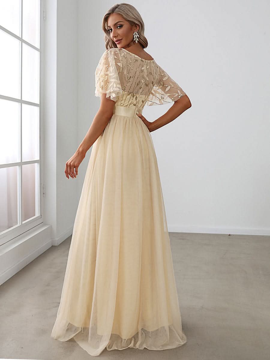 Damen A-Line Kurzarm Bodenlanges Abendkleid 00904 #farbe_Gold