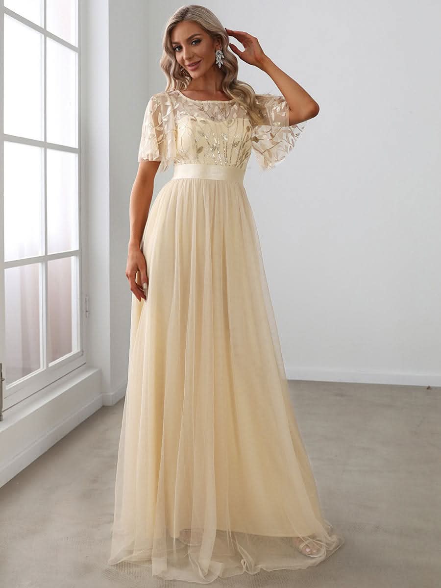 Damen A-Line Kurzarm Bodenlanges Abendkleid 00904 #farbe_Gold