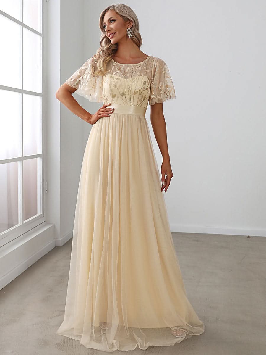 Damen A-Line Kurzarm Bodenlanges Abendkleid 00904 #farbe_Gold