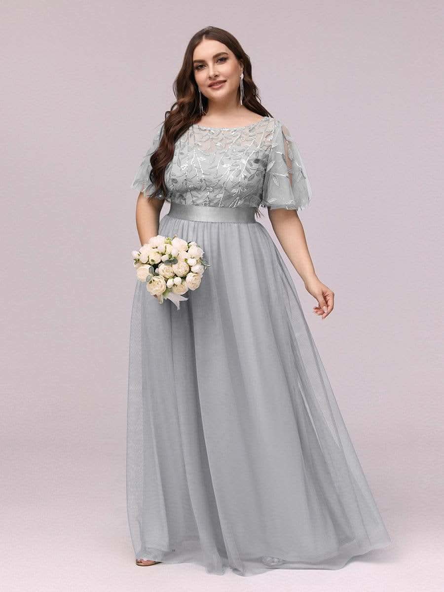 Plus Size Damen A-Line Stickerei Kurzarm Bodenlanges Brautjungfernkleid #Farbe_Grau