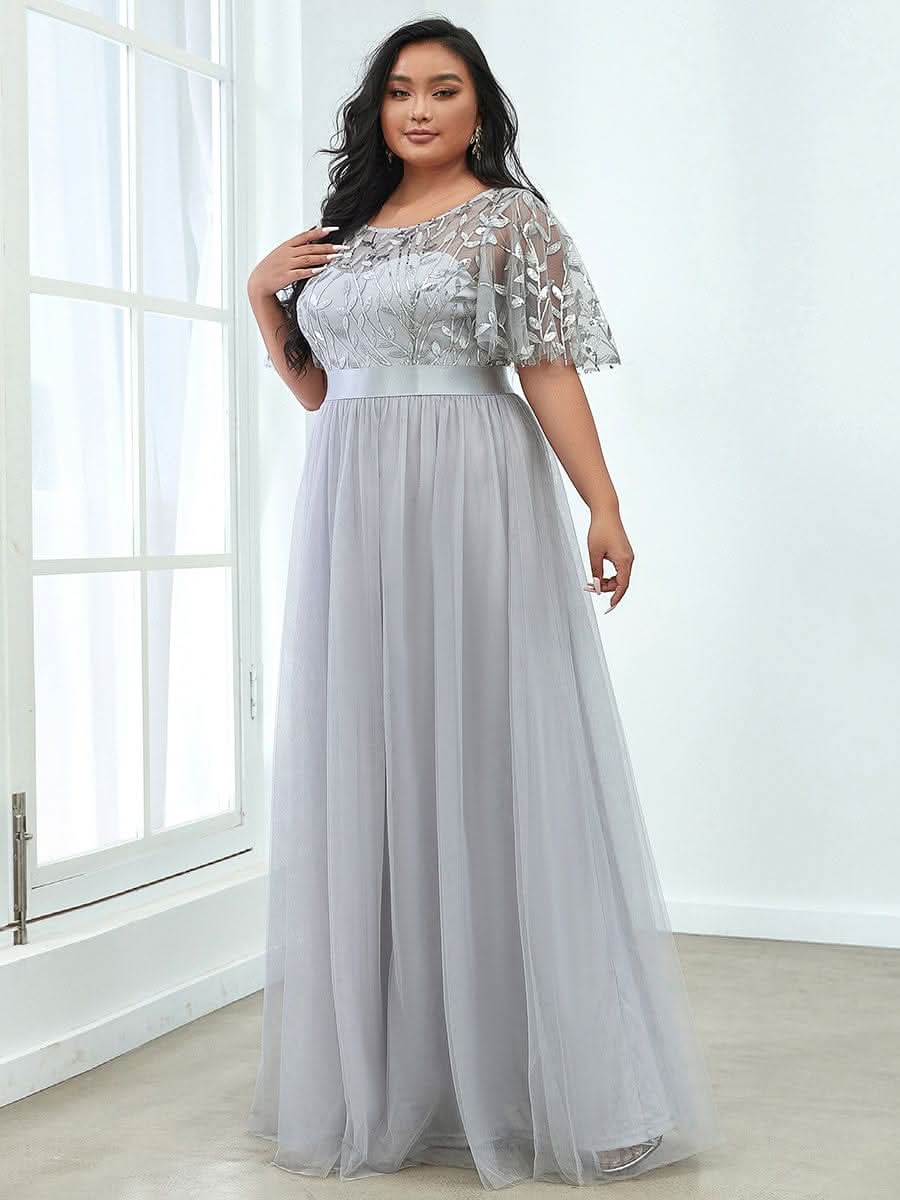 Plus Size Damen A-Line Stickerei Kurzarm Bodenlanges Brautjungfernkleid #Farbe_Grau