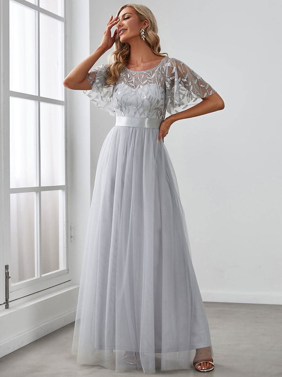 Damen A-Line Kurzarm Bodenlanges Abendkleid 00904 #farbe_Grau