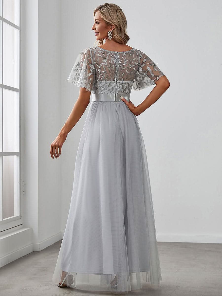 Damen A-Line Kurzarm Bodenlanges Abendkleid 00904 #farbe_Grau