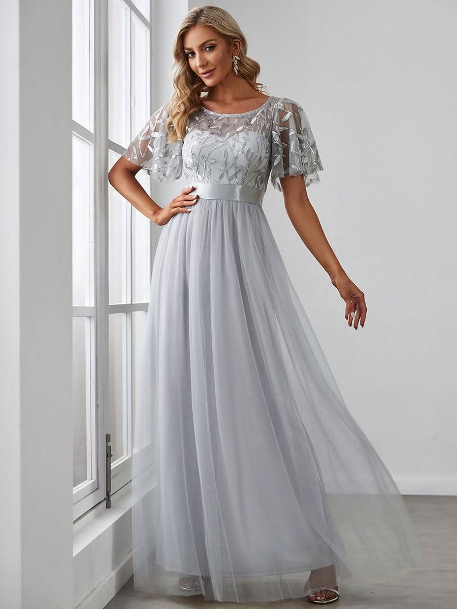 Damen A-Line Kurzarm Bodenlanges Abendkleid 00904 #farbe_Grau