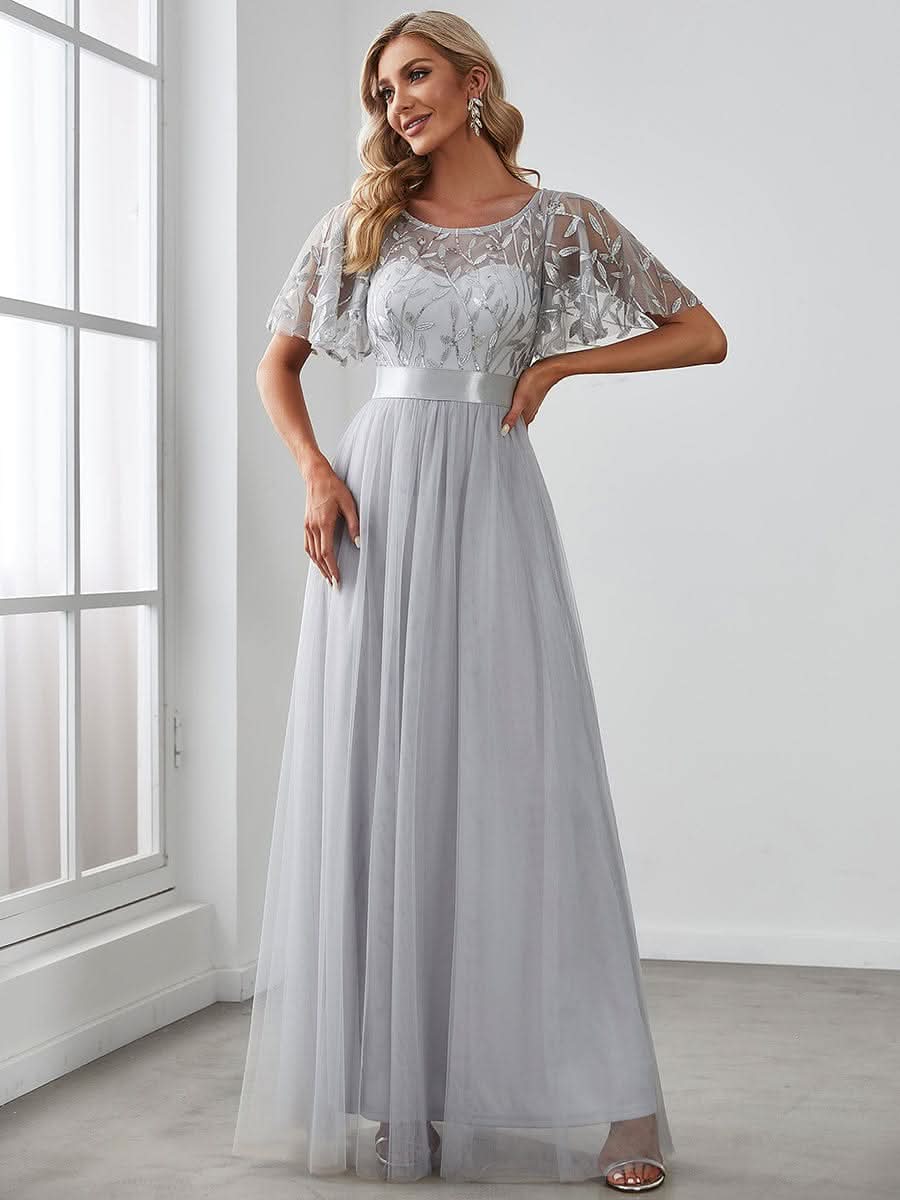Damen A-Line Kurzarm Bodenlanges Abendkleid 00904 #farbe_Grau