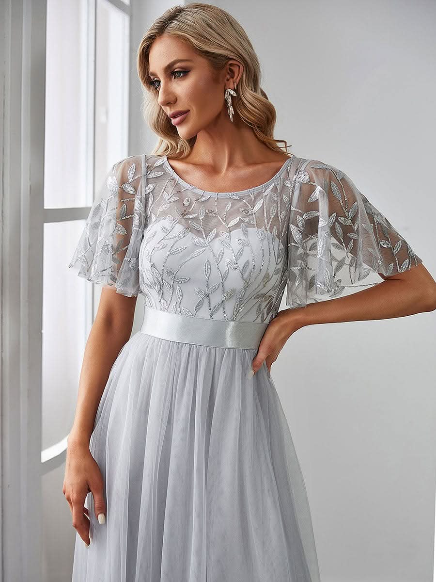 Damen A-Line Kurzarm Bodenlanges Abendkleid 00904 #farbe_Grau